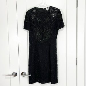 Vintage Adrianna Papell Size 10 Black Silk Sequin Beaded 80's Evening Dress